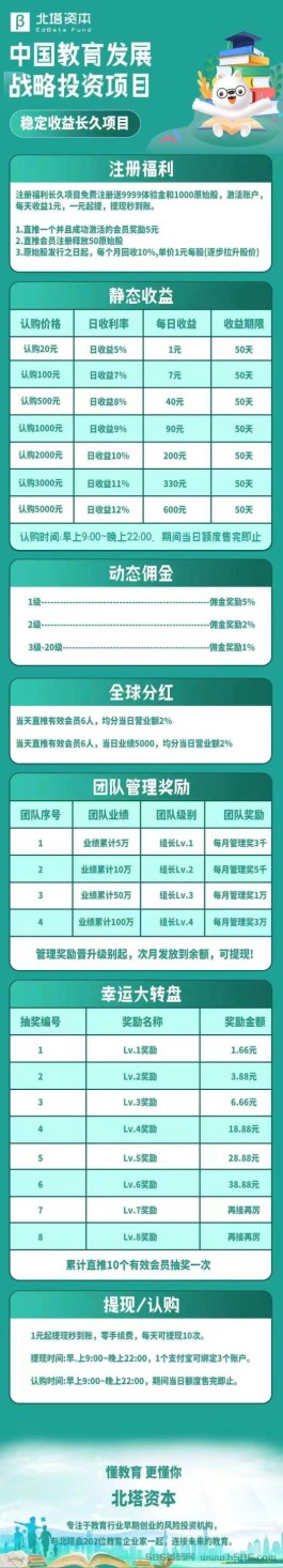 北塔教育：即送注册金和原始股，赚取稳定收益！